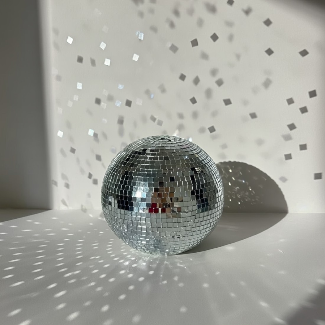 Esfera disco reflejando puntos de luz en una pared blanca
