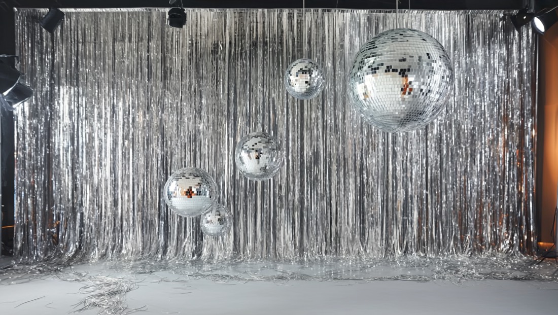 El set de Año Nuevo 2026: cortina metálica plateada con esferas disco colgando
